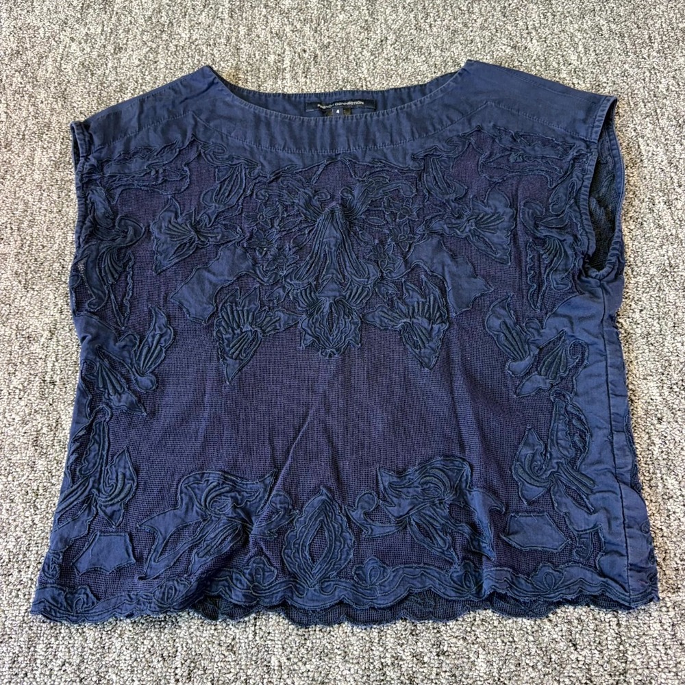 French Connection Blouse Top Womens 4 Navy Blue Embroidered Floral Sleeveless